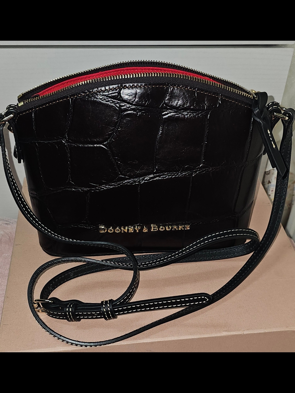 Dooney & Bourke Dark Brown Croc Embossed Leather Domed Crossbody